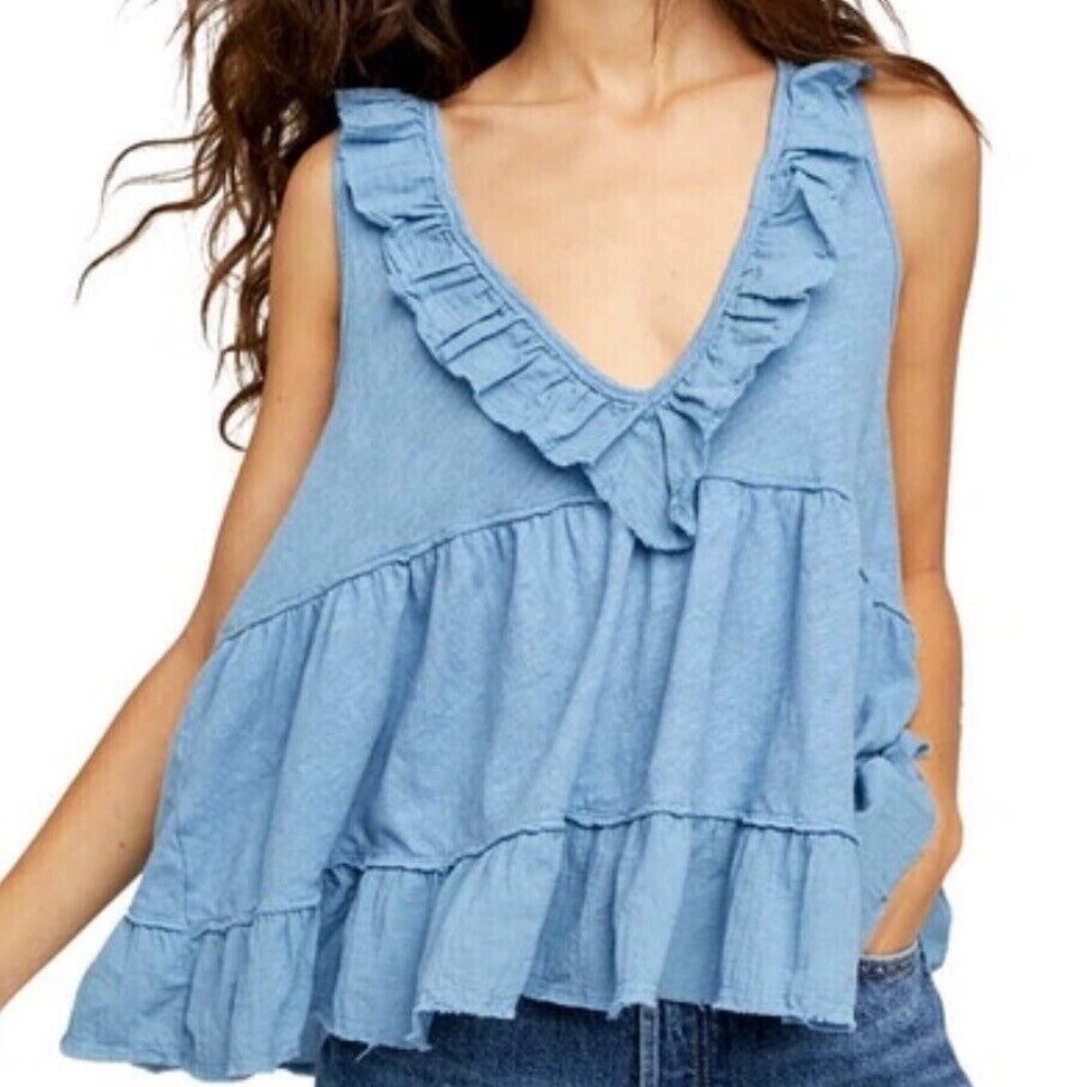 Free People Out & About Blue Tank Top Raw Hem Ruffle Size XS V-Neck NWT $58